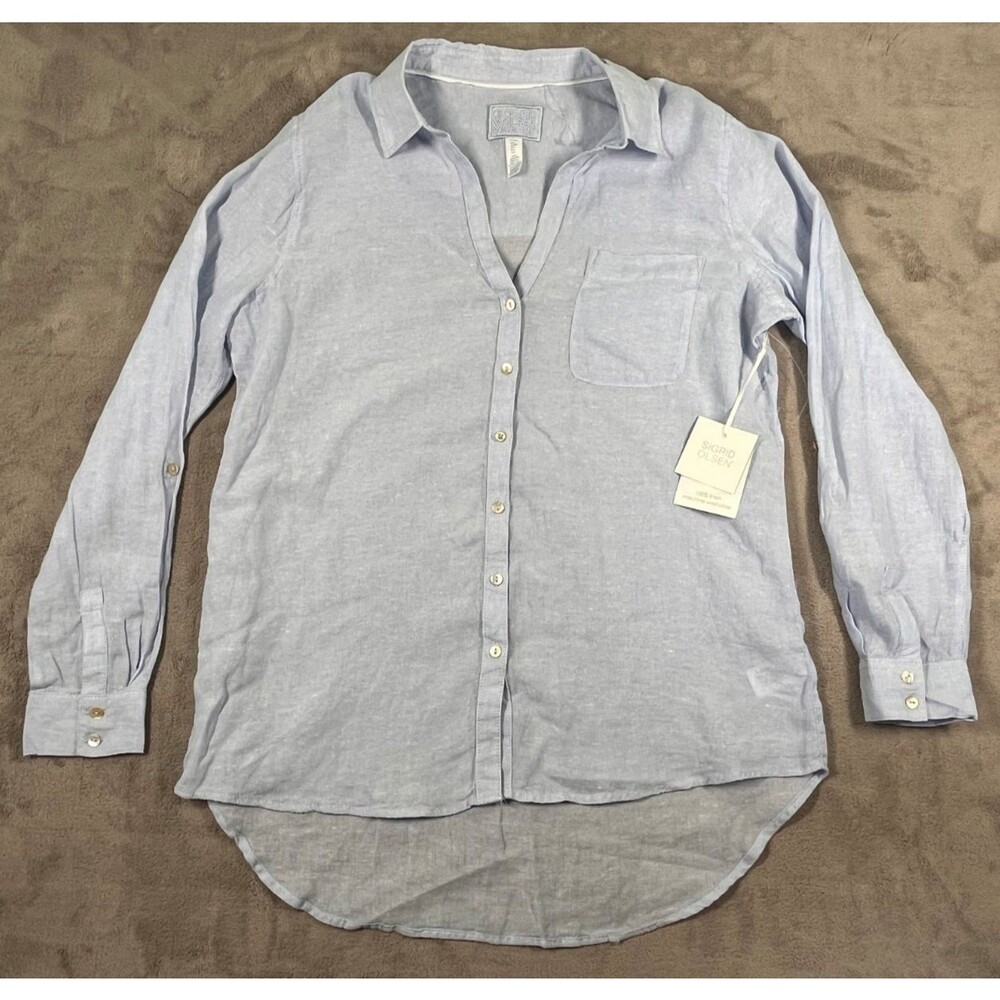 Sigrid Olsen Popover Blouse Shirt Blue Womens Medium Roll Tab Sleeve NEW